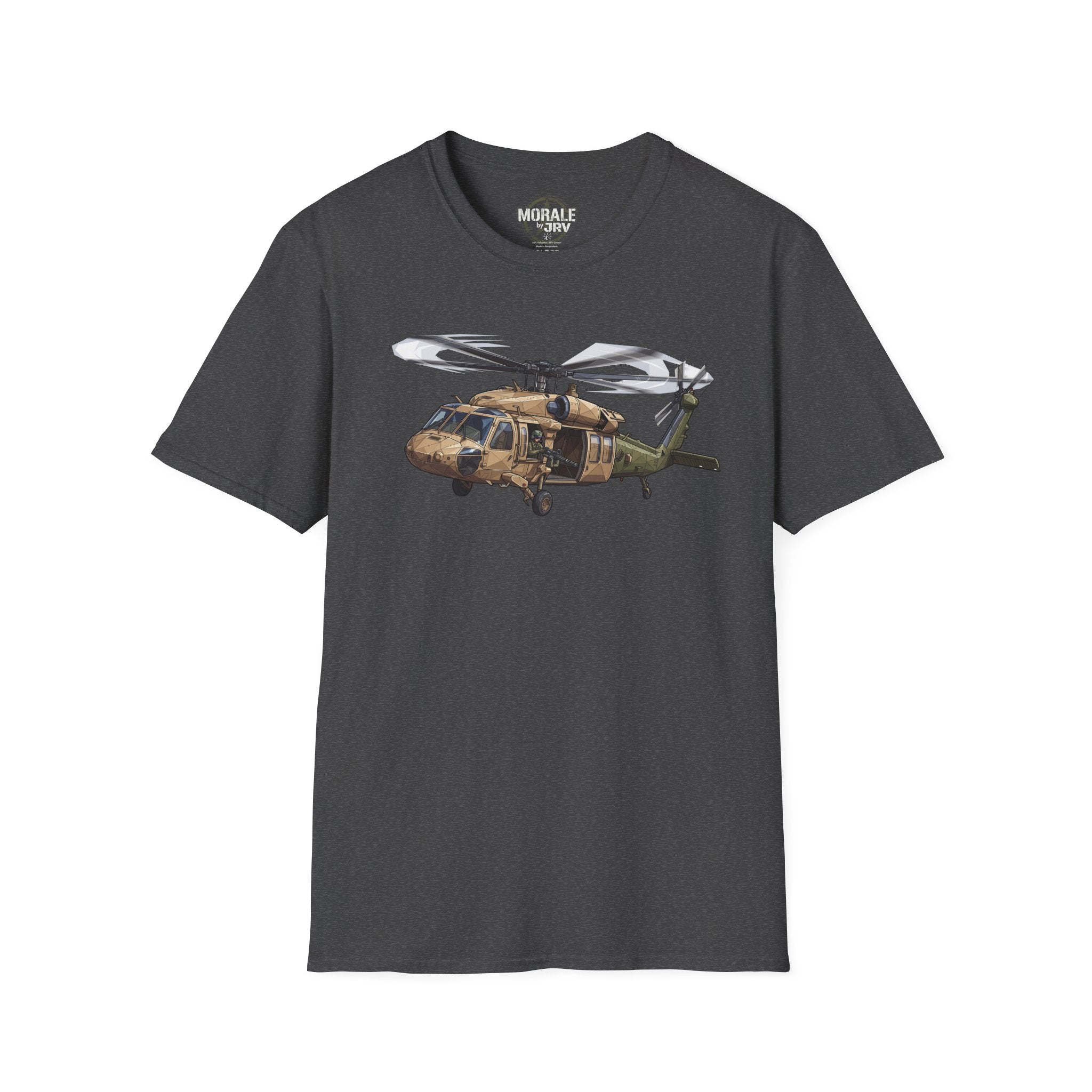 Helicopter graphic T-shirt in dark heather, front print of a UH-60 Black Hawk