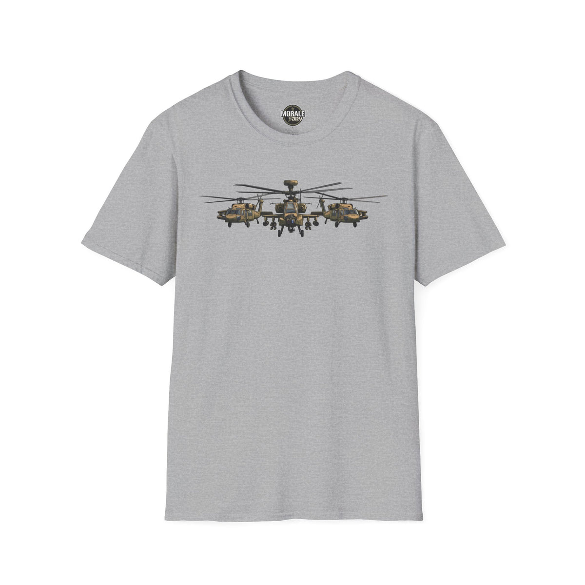 Heather gray crewneck T-shirt with helicopter graphic on chest