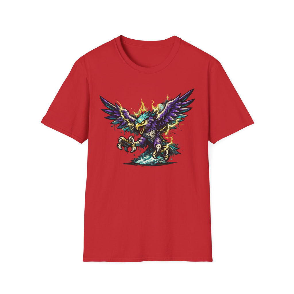 Red T-shirt with detailed purple and green thunderbird graphic, short sleeves