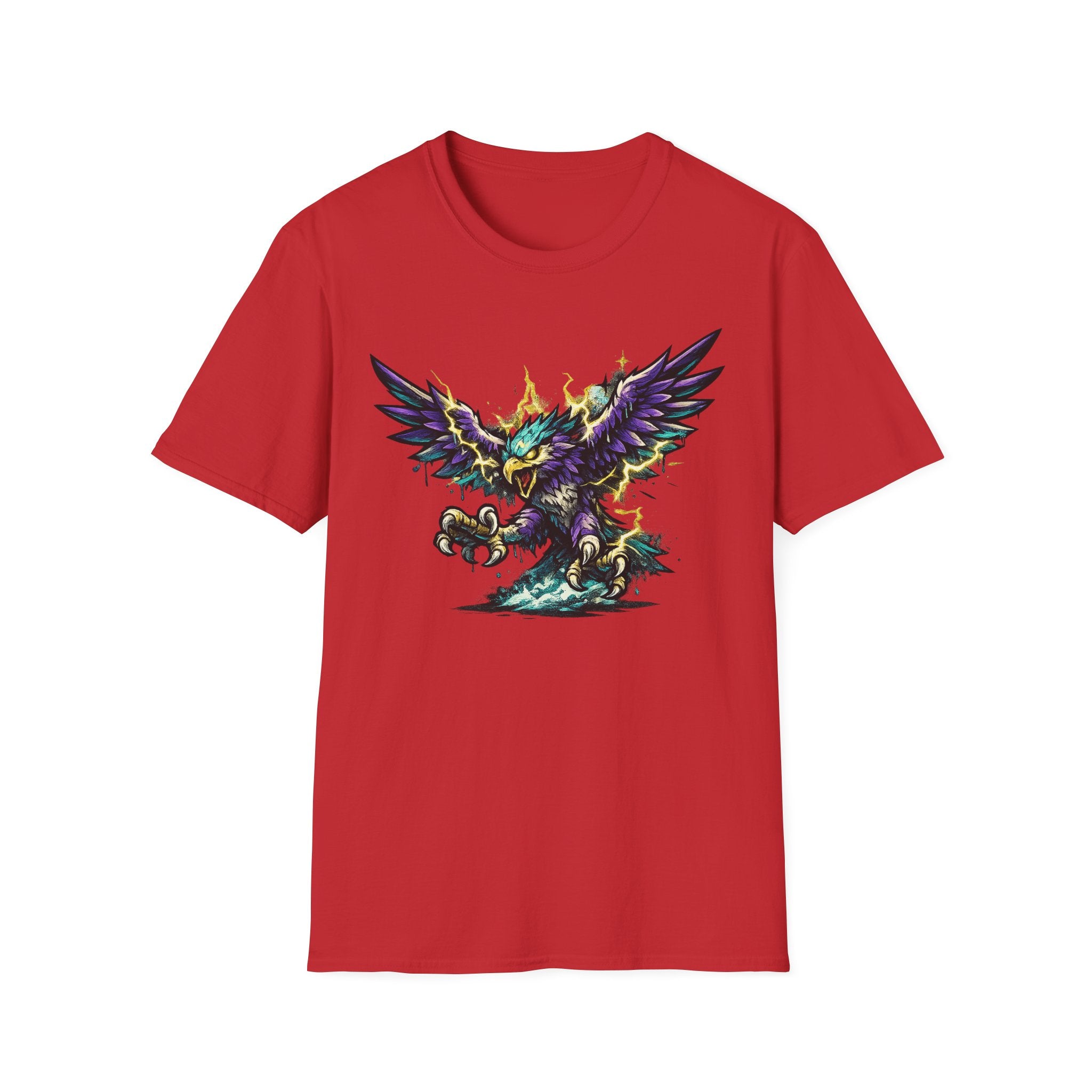 Red T-shirt with detailed purple and green thunderbird graphic, short sleeves