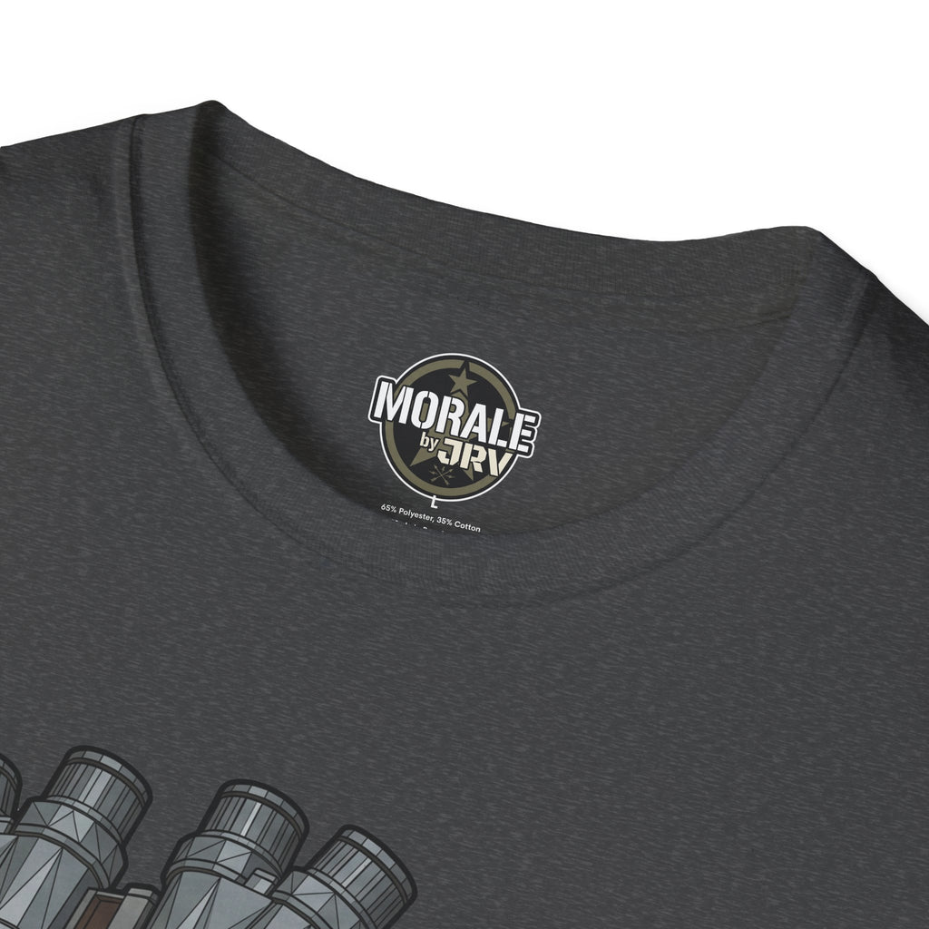 Charcoal T-shirt close-up of neck logo patch