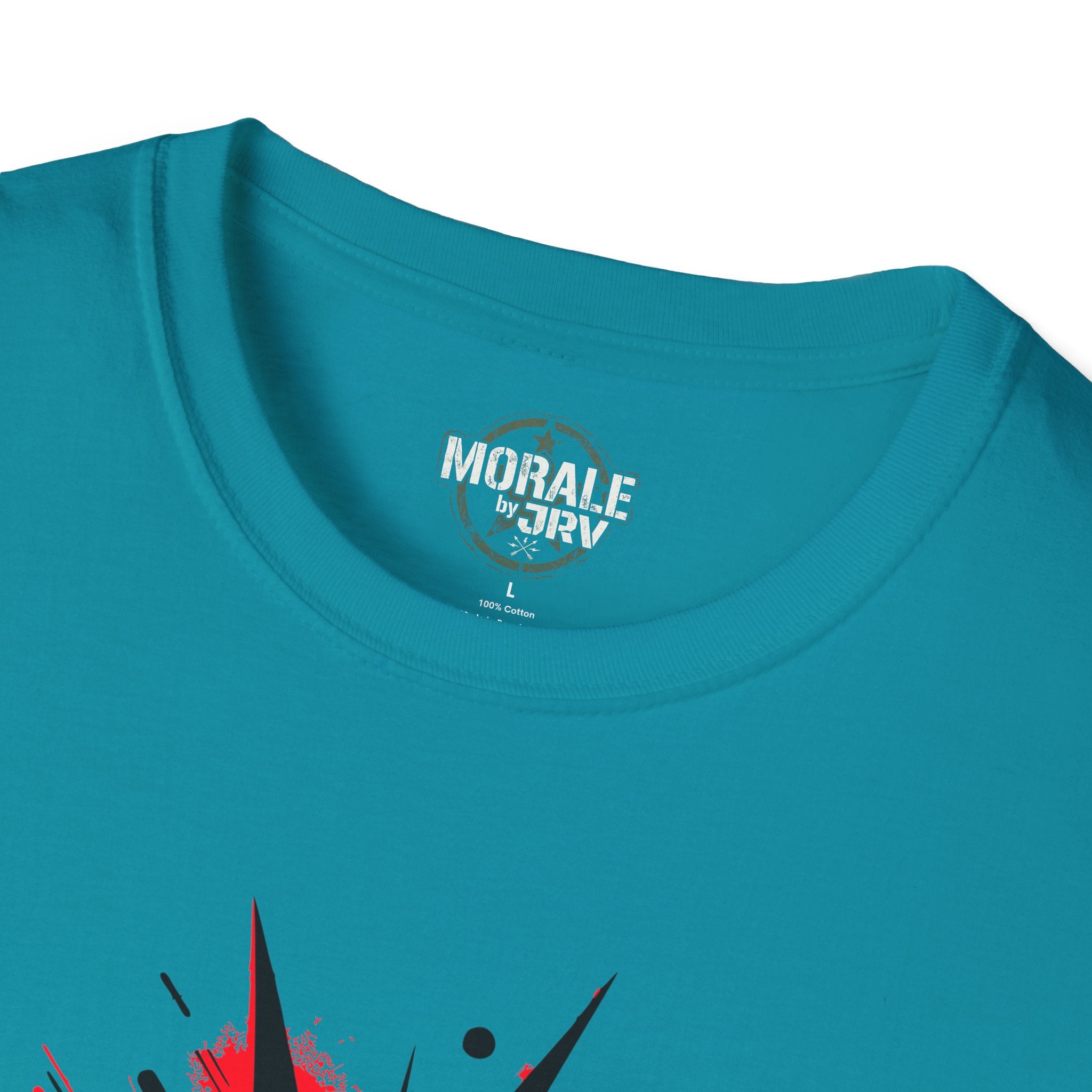 Liberty Statue graphic T-shirt in Tropical Blue, back neckline and small logo