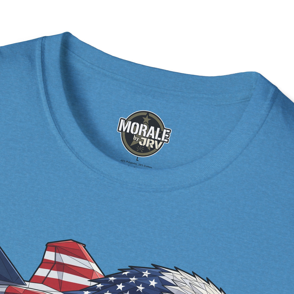 Heather sapphire T-shirt neckline with small “Morale” logo