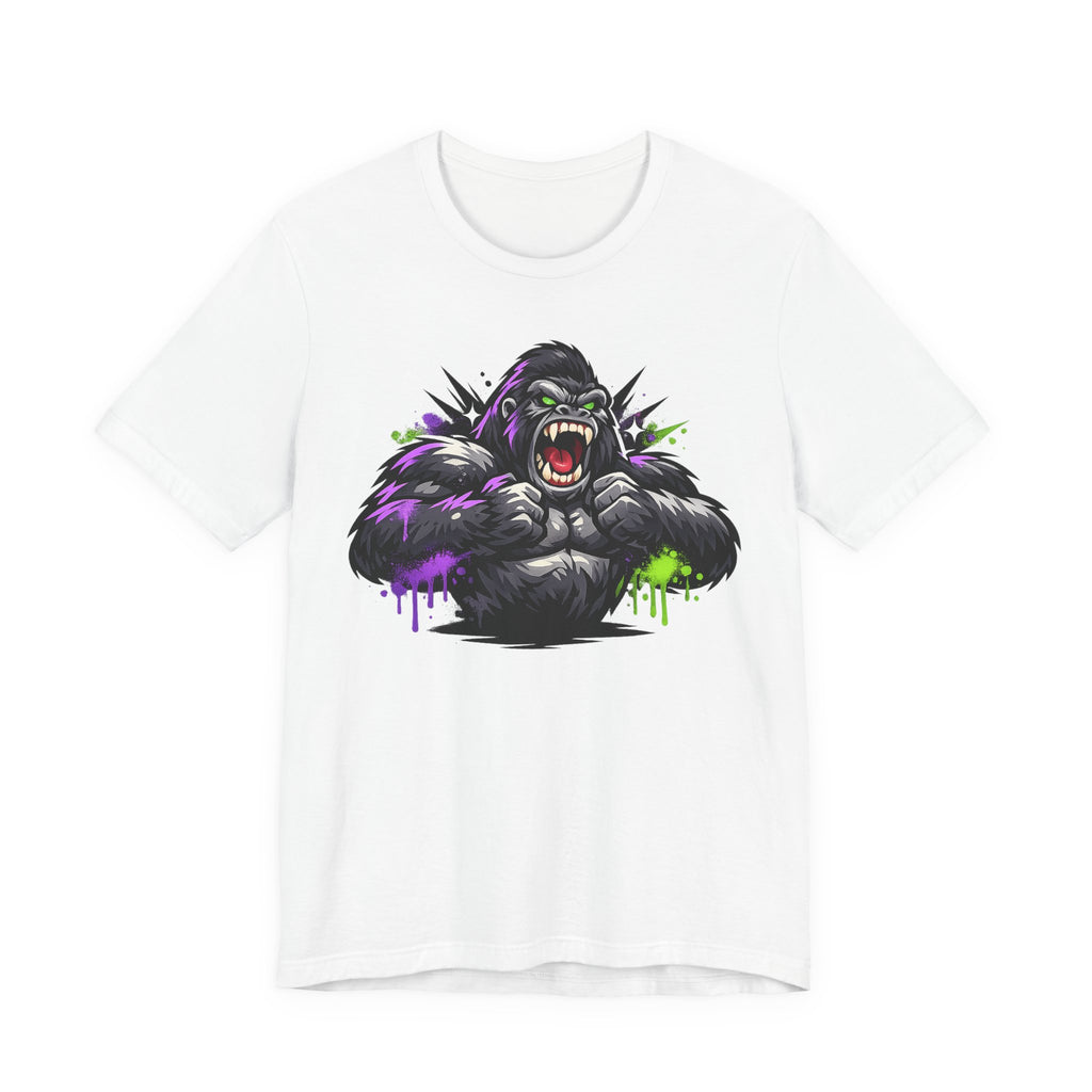 White graphic gorilla tee with roaring ape illustration and purple/green neon paint drips