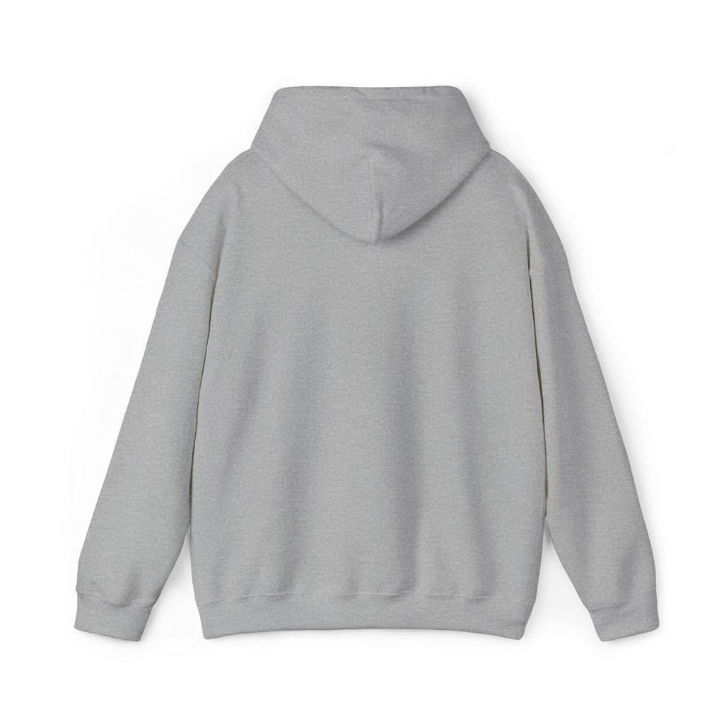 Light gray hoodie sweatshirt with kangaroo pocket and hood, shown from the back