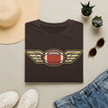 Dark brown crewneck t-shirt with winged football graphic on the chest