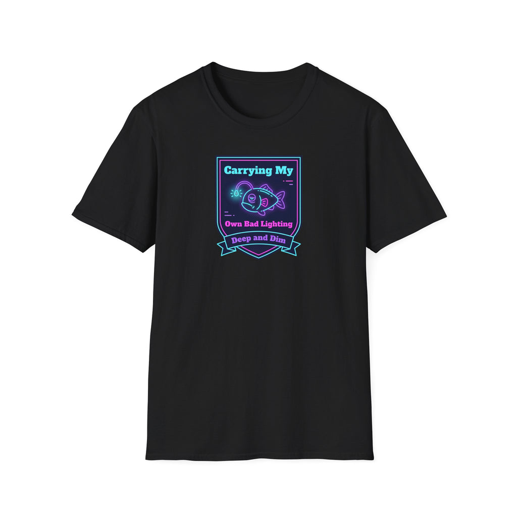 Black short-sleeve T-shirt with neon anglerfish graphic centered on chest.