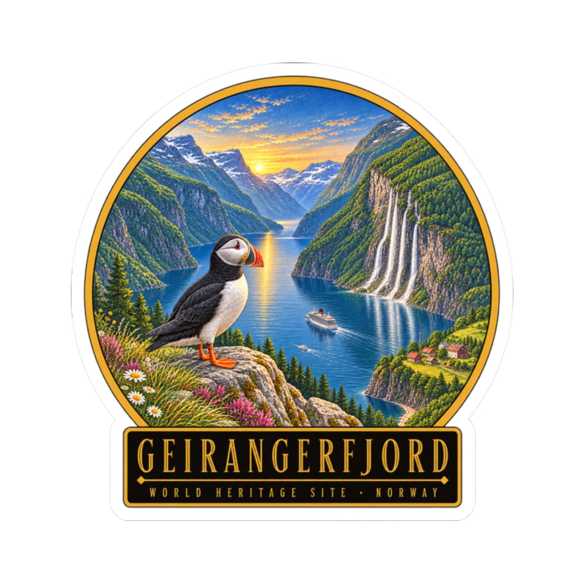 Geirangerfjord vinyl sticker with puffin and mountains over the fjord, bordered text label