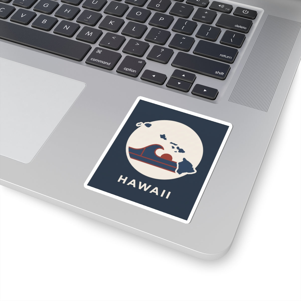 Navy square kiss-cut sticker with white circle surf wave map and “HAWAII” lettering