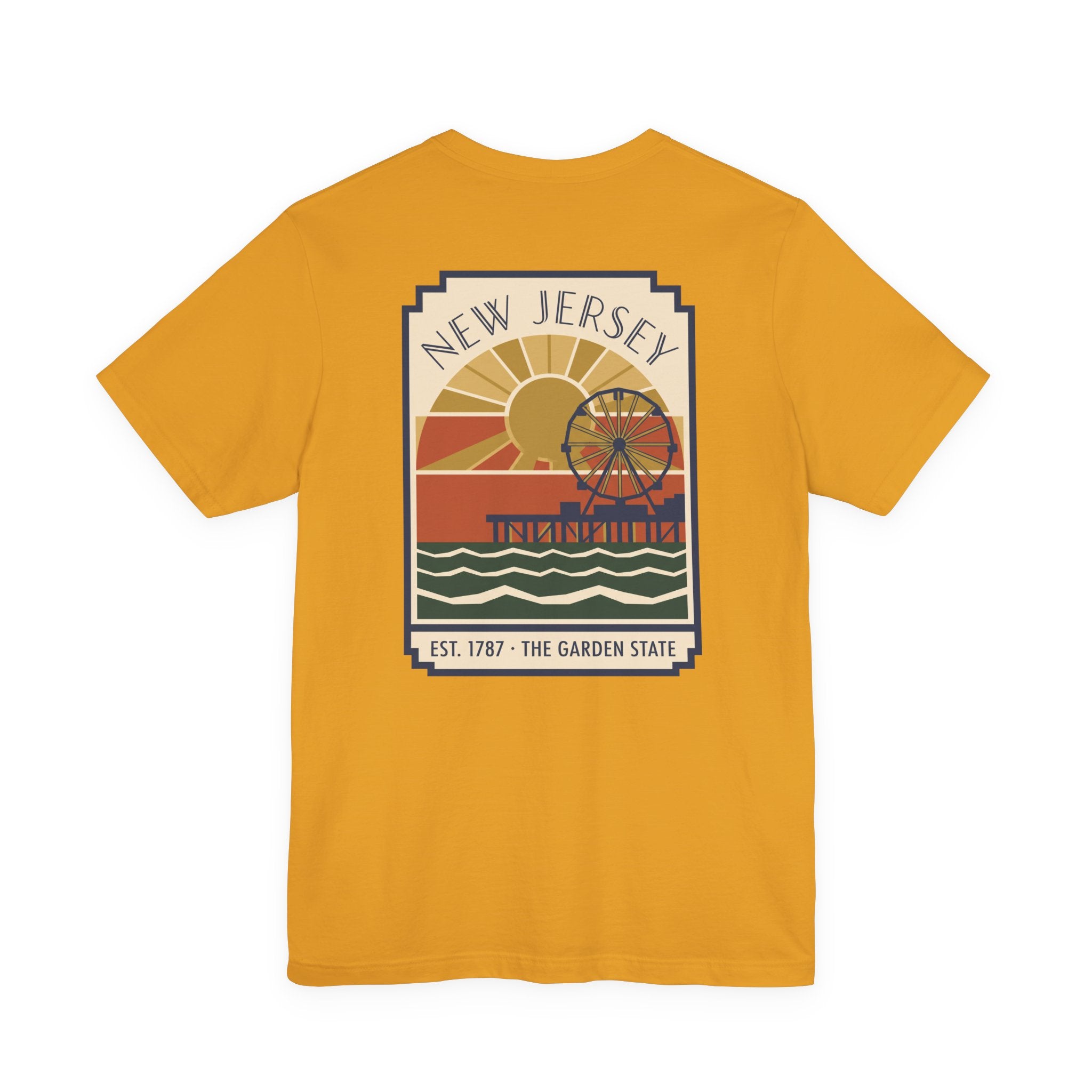 Yellow T-shirt with centered New Jersey Pier vintage poster graphic