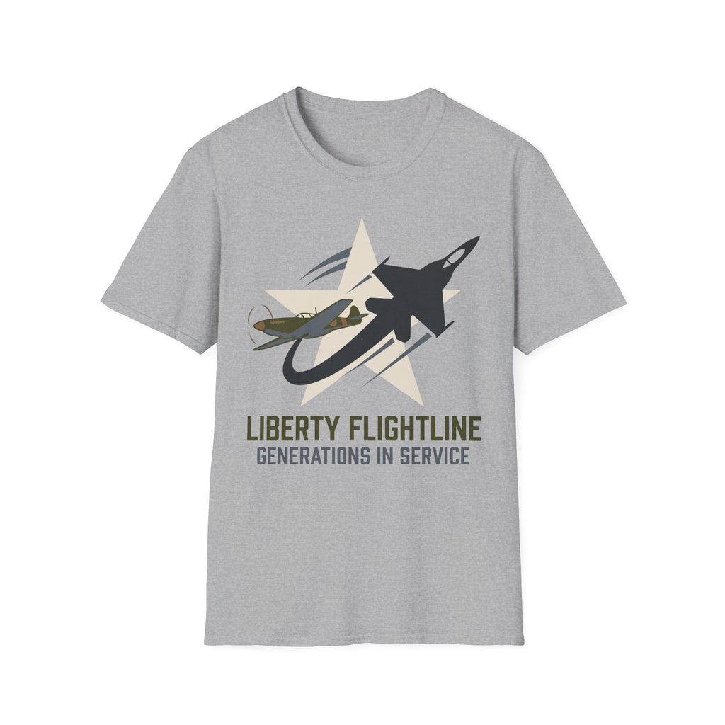 Light gray crewneck t-shirt with jet graphic and “Liberty Flightline Generations in Service” print