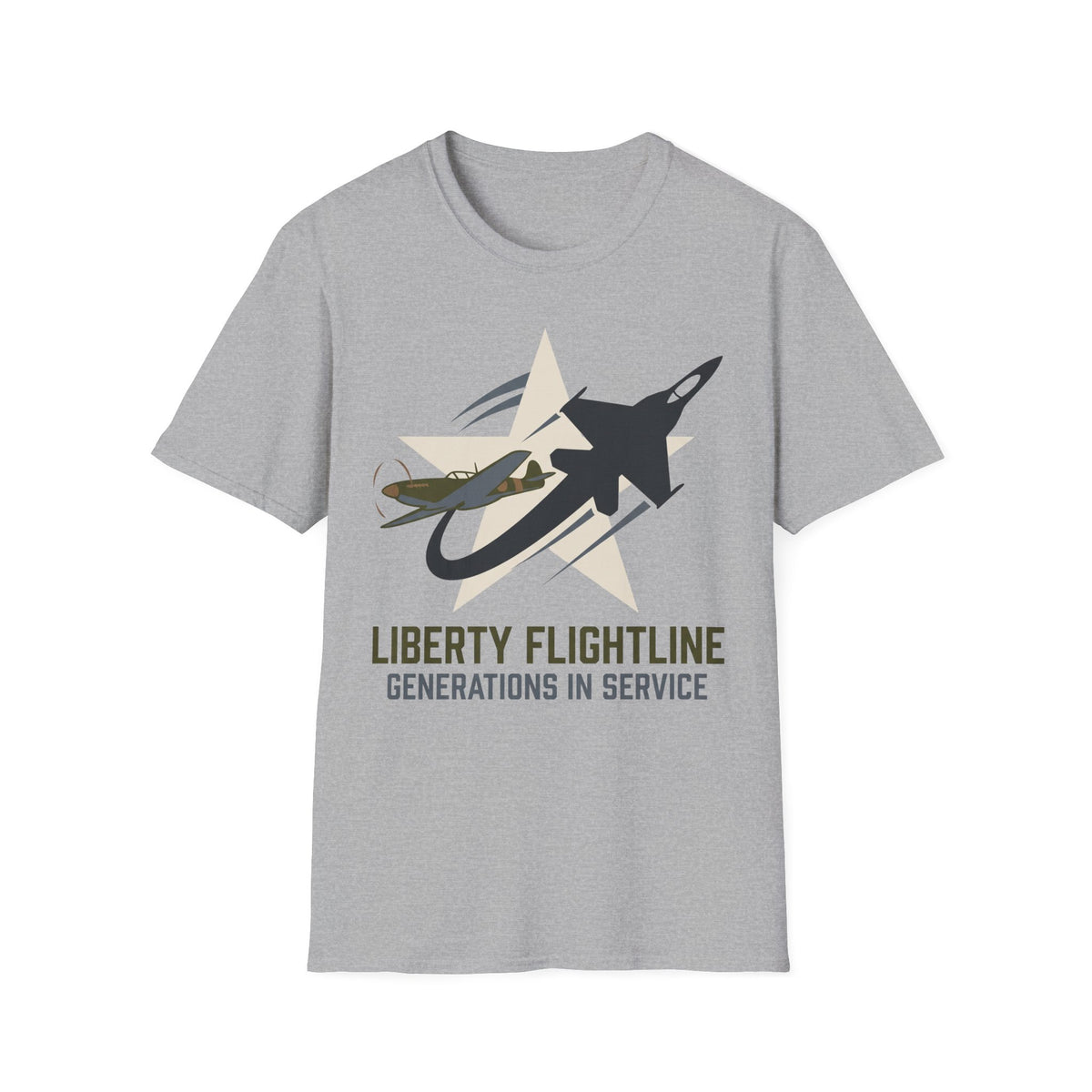 Light gray crewneck t-shirt with jet graphic and “Liberty Flightline Generations in Service” print