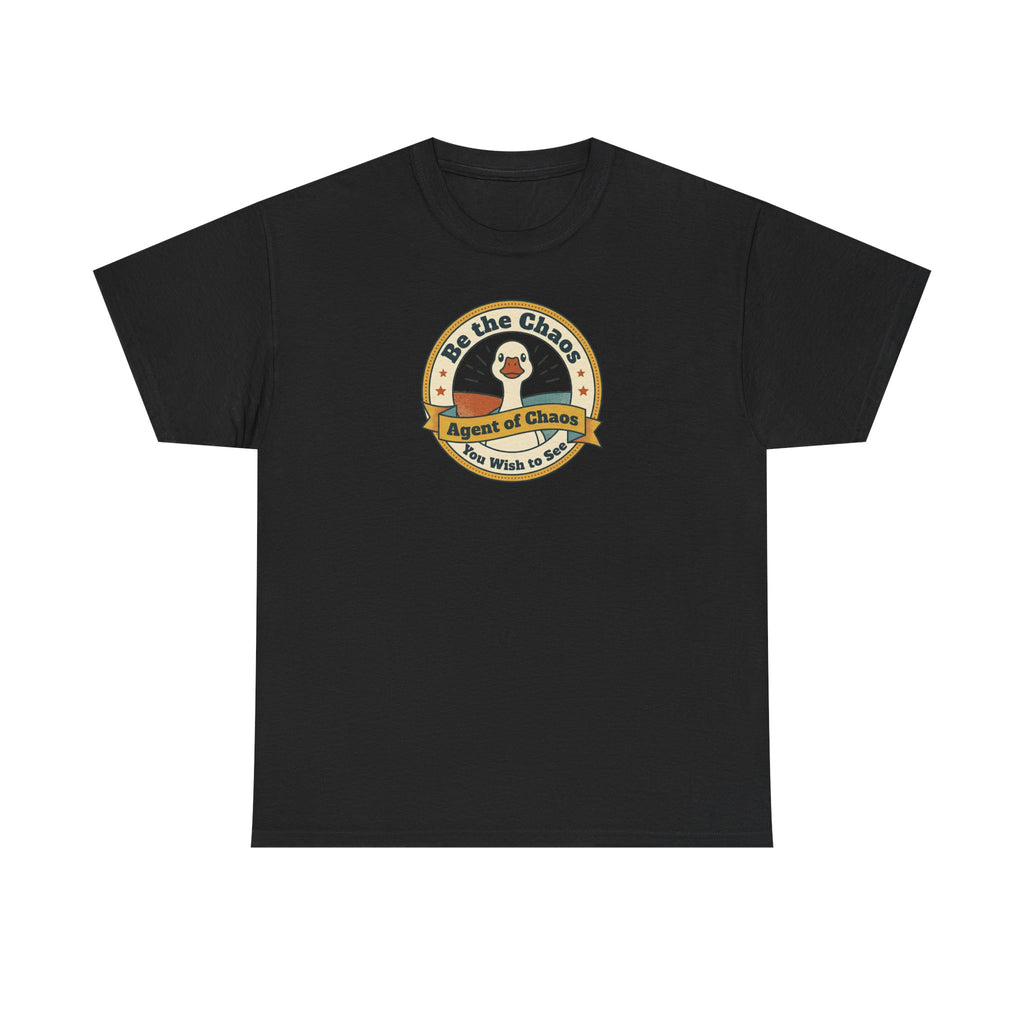 Black crew-neck T-shirt with circular duck emblem graphic on the chest