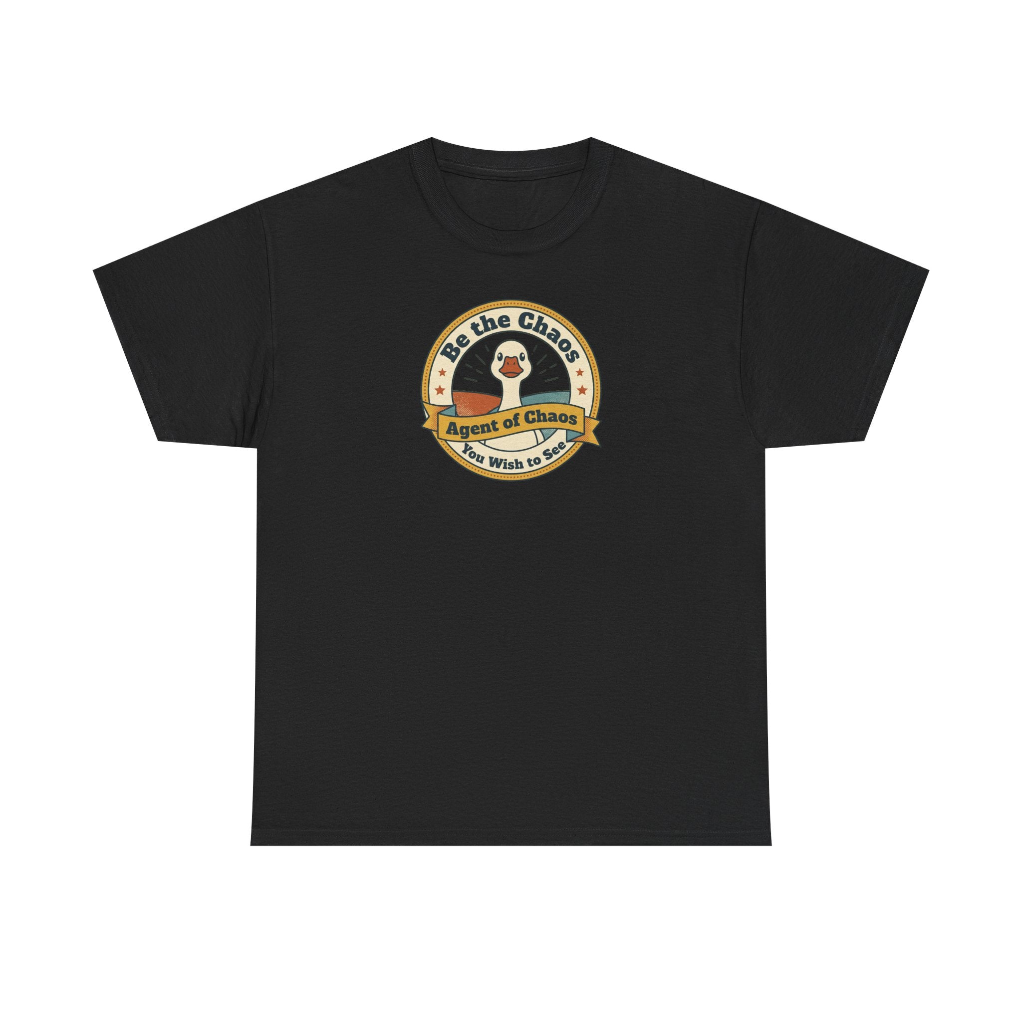 Black crew-neck T-shirt with circular duck emblem graphic on the chest