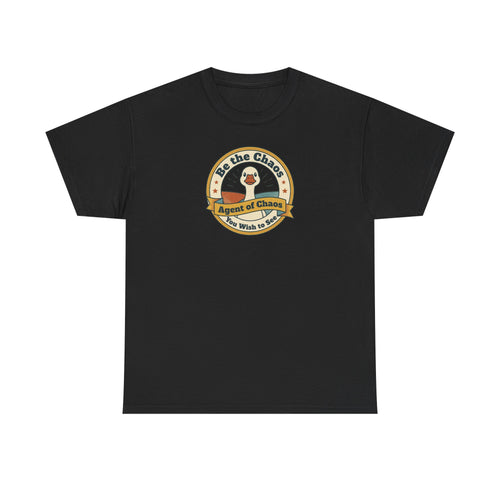 Black crew-neck T-shirt with circular duck emblem graphic on the chest