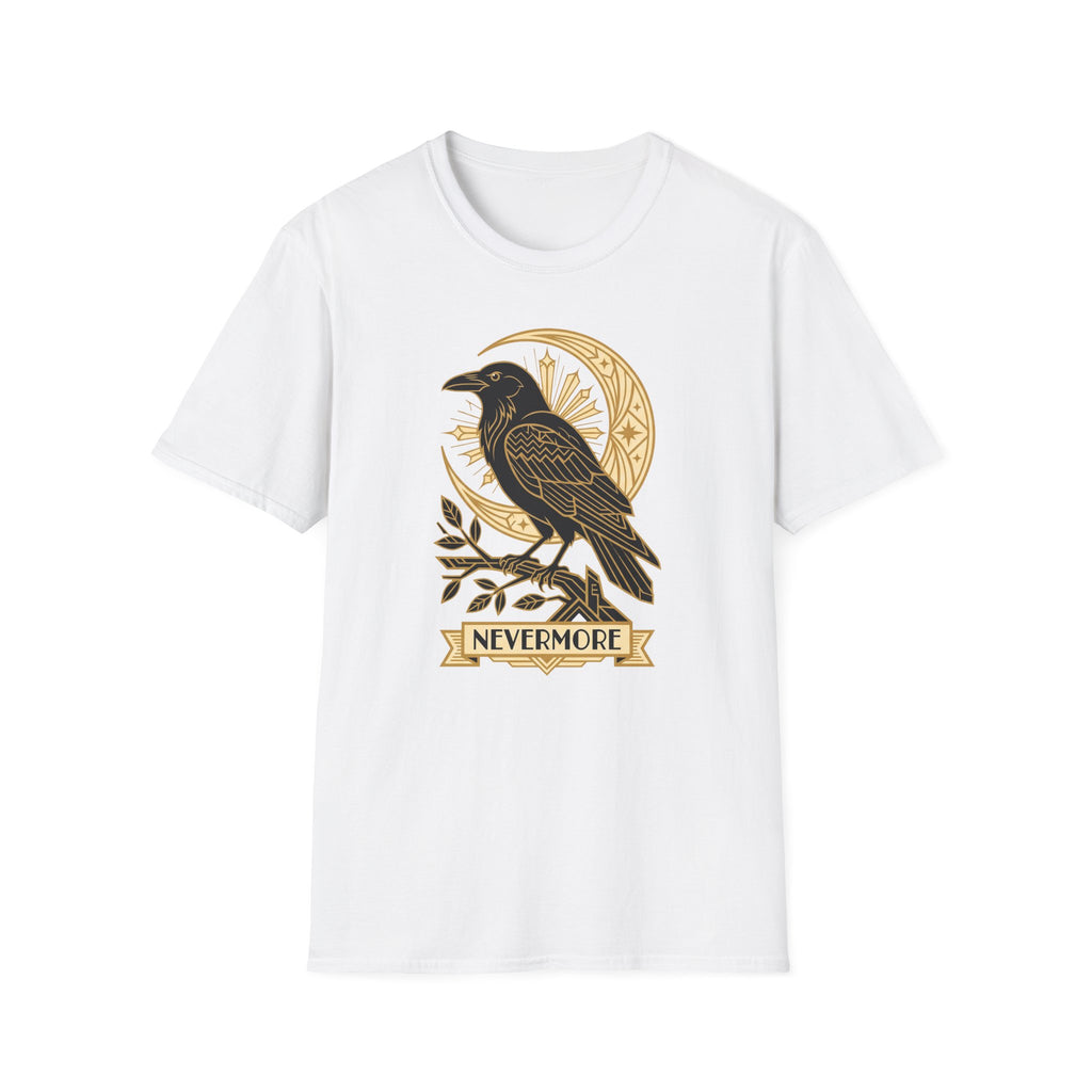 White short-sleeve crewneck T-shirt with gold raven and banner graphic