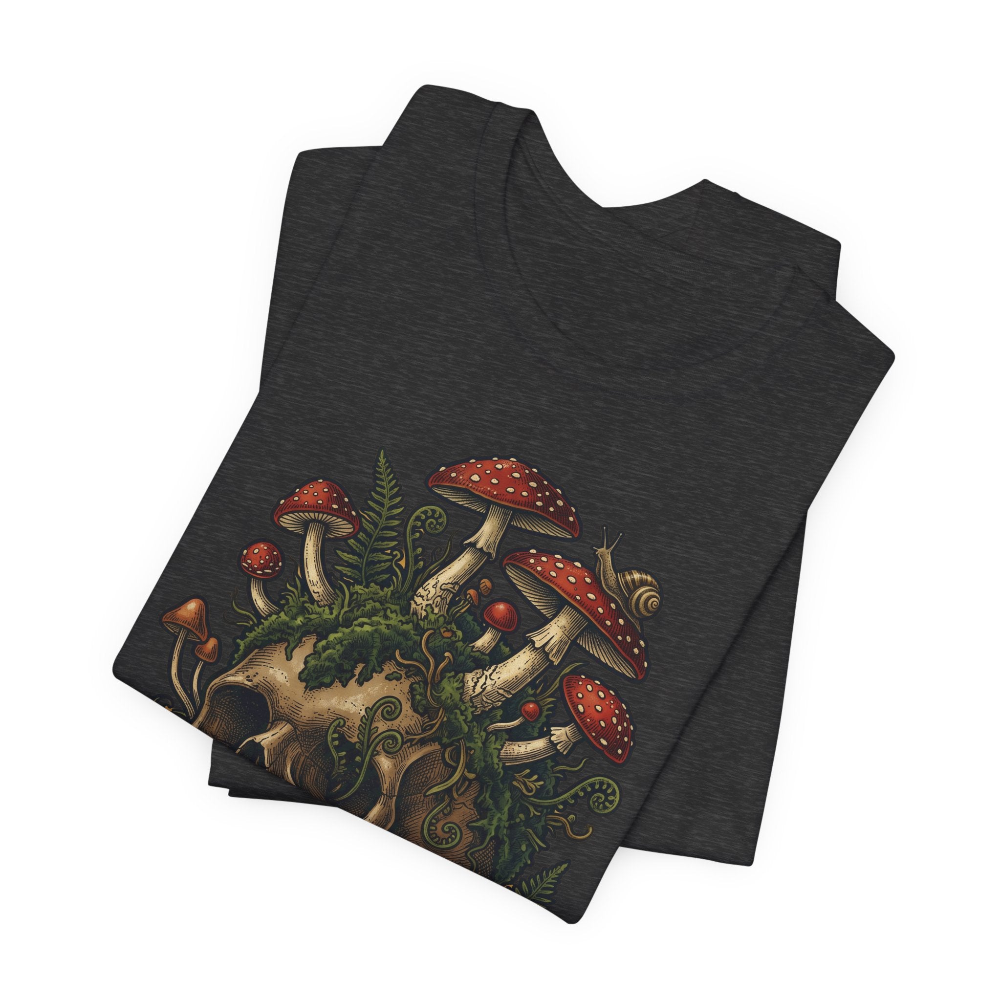 Mushroom skull graphic T-shirt, dark heather grey, folded view with colorful mushroom skull