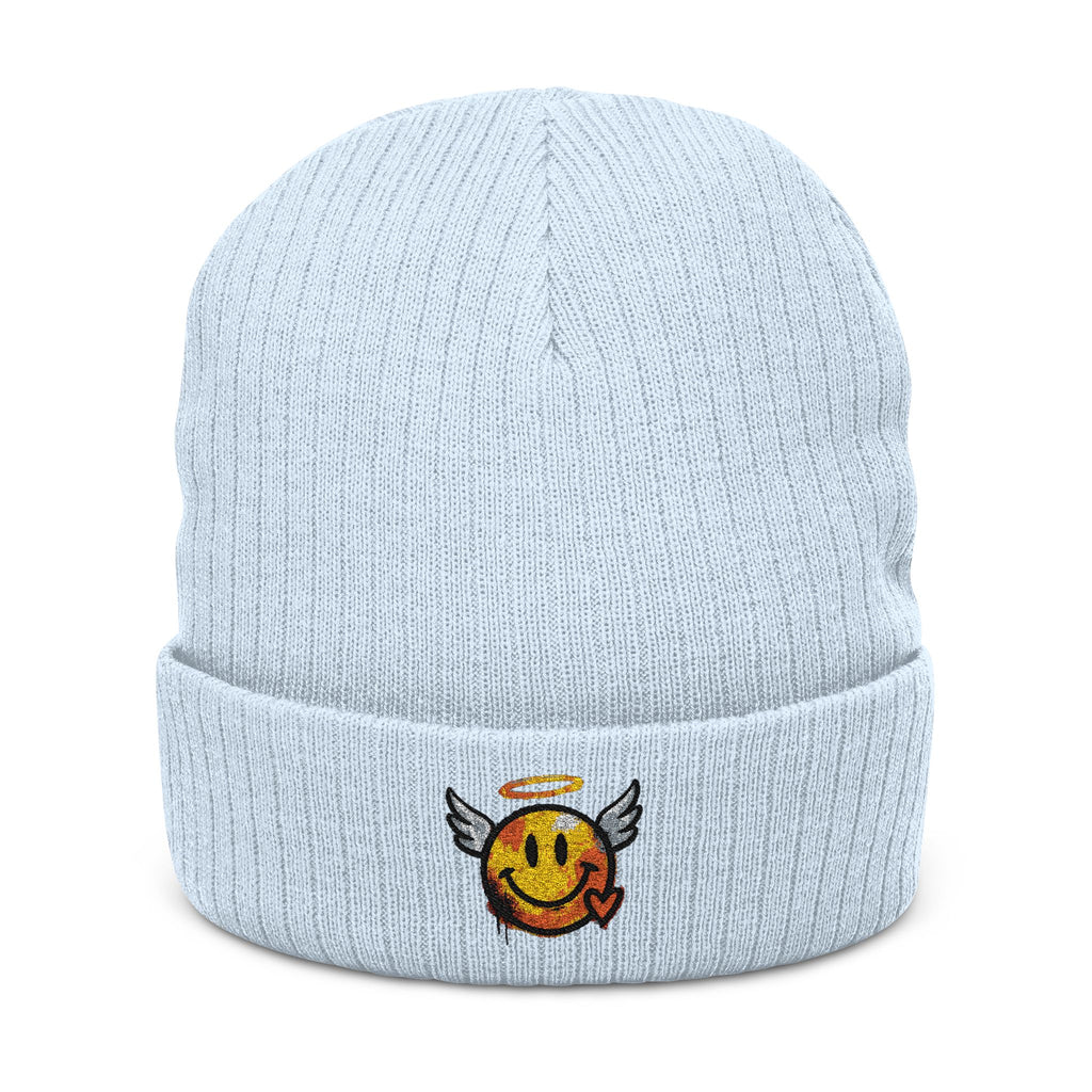 Hellblaue Strickmütze mit besticktem Winged-Halo-Smiley am Rippbund