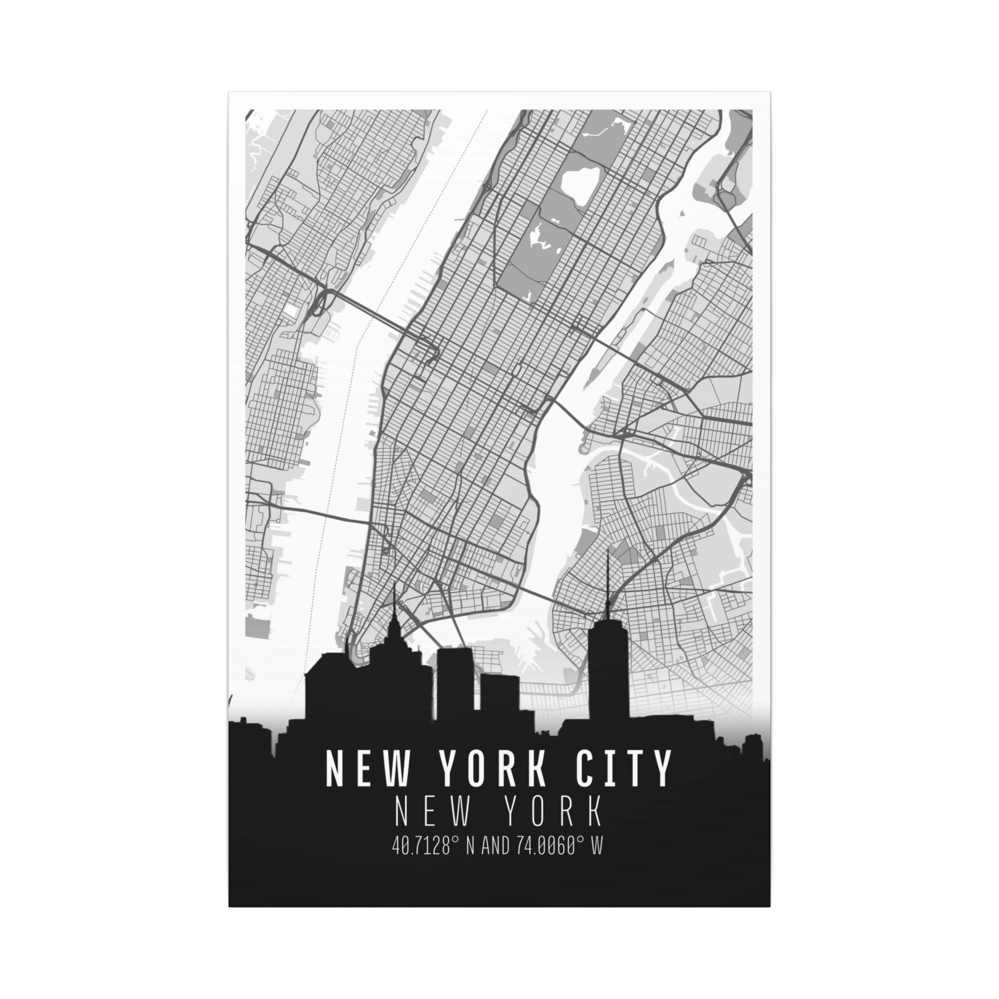 New York City skyline canvas map with street grid, black skyline silhouette, and coordinates