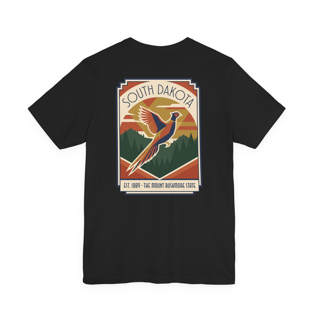 Black t-shirt with South Dakota art deco pheasant graphic print
