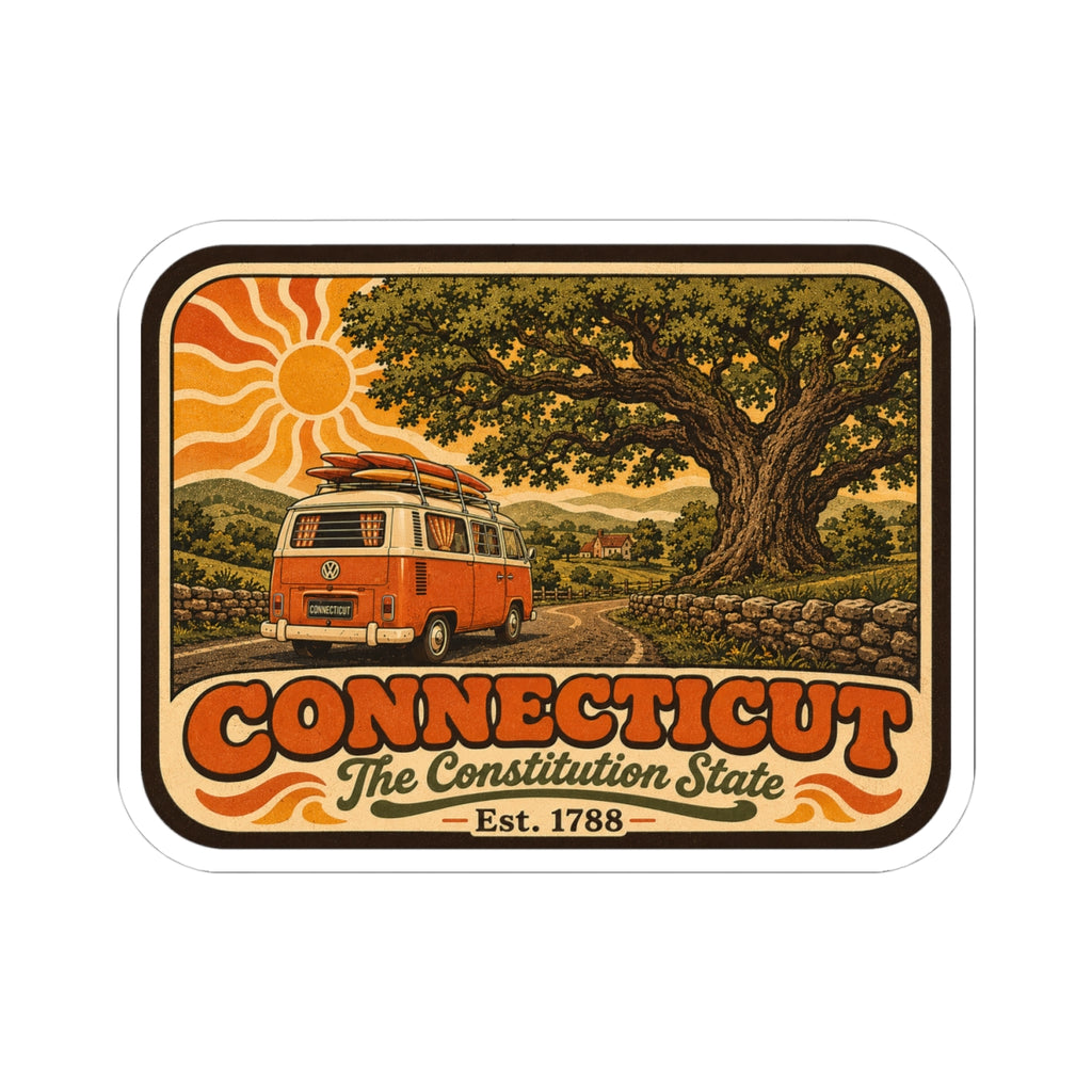 Connecticut vintage camper van sticker showing camper by a tree under a sunburst.