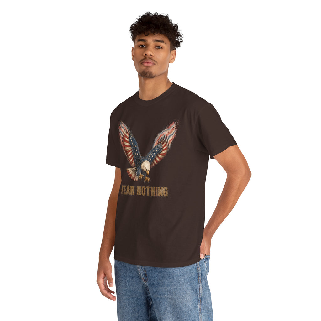 Dark charcoal T-shirt featuring eagle wings American flag graphic and “Fear Nothing” text