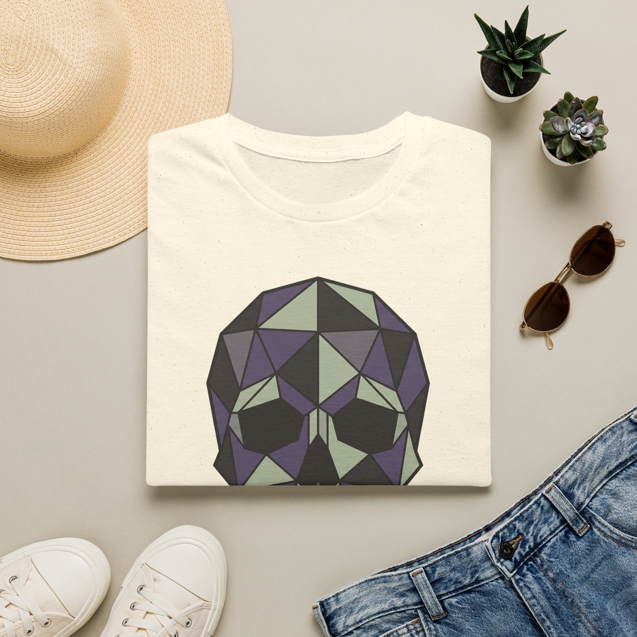 Natural-color skull graphic T-shirt with low-poly geometric face design