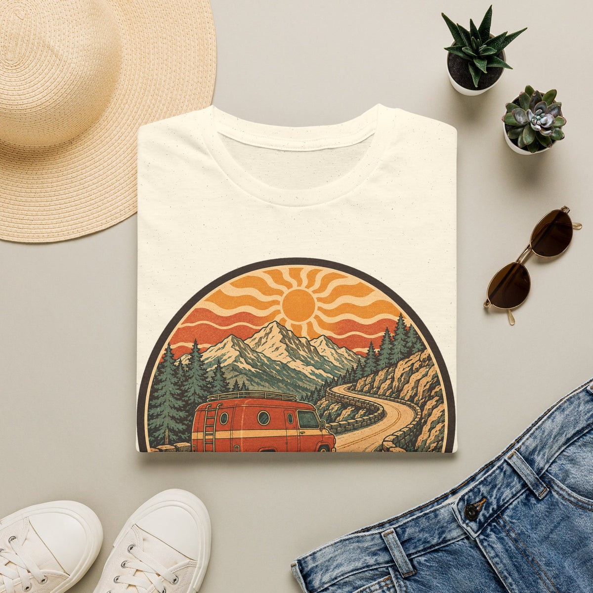 Unisex T-shirt in white with crew neck and mountain landscape sunset van graphic.