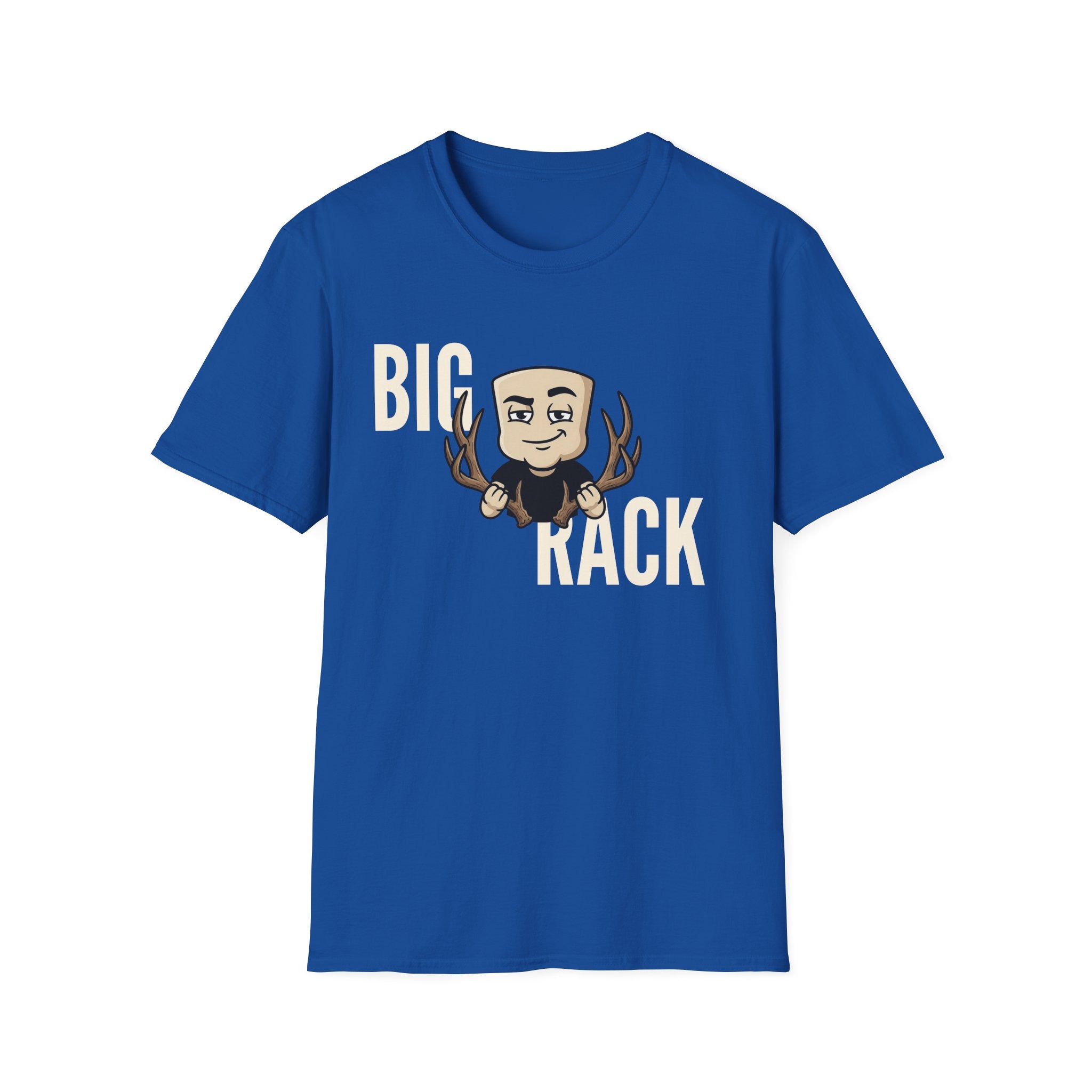 Royal blue T-shirt with "BIG" "KACK" cartoon hunter and antler graphic