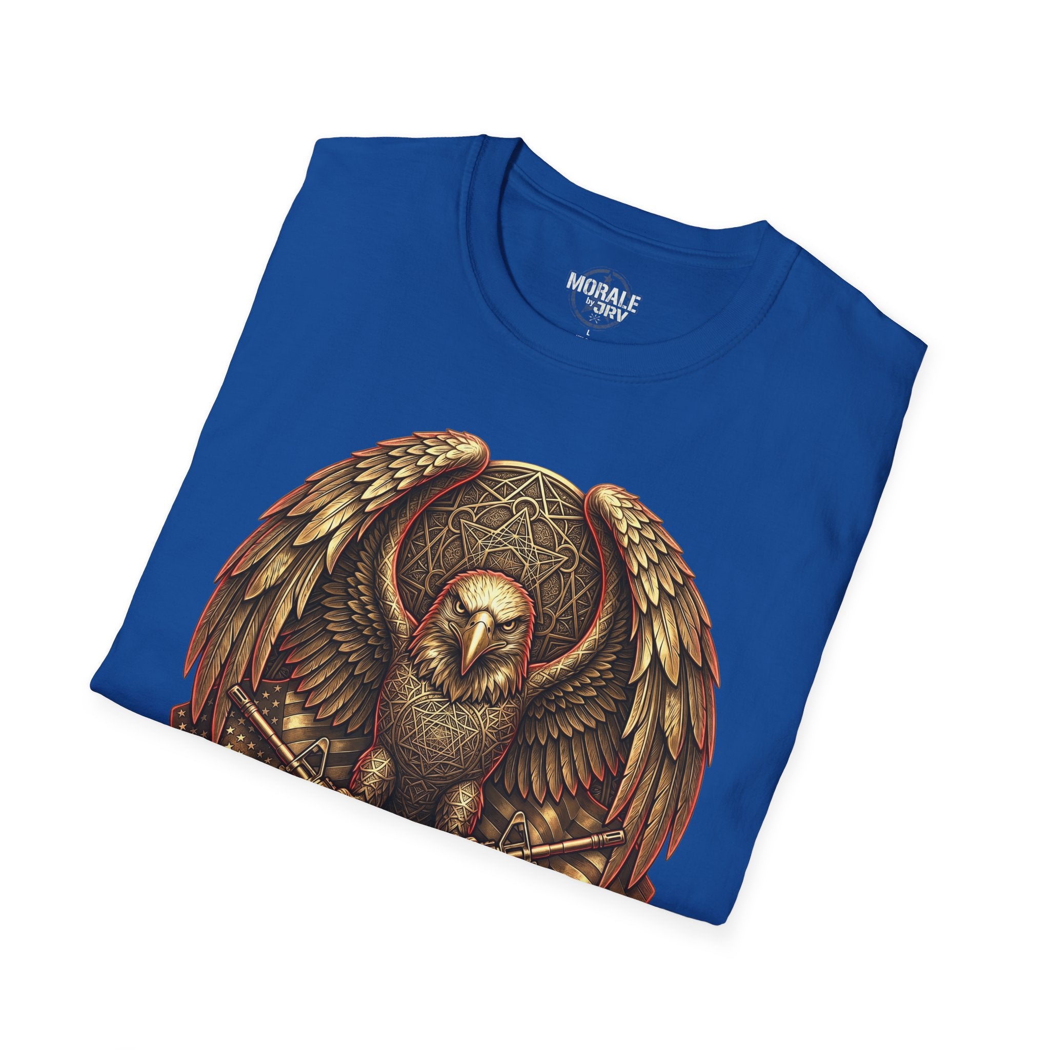 Royal blue Owl Shield Emblem T-Shirt with warrior owl shield graphic front