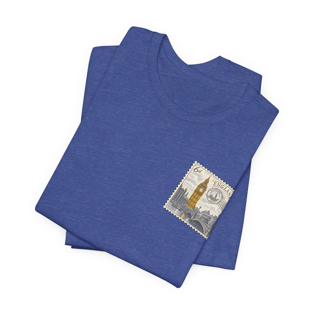 Heather blue travel T-shirt with vintage postage stamp graphic on chest