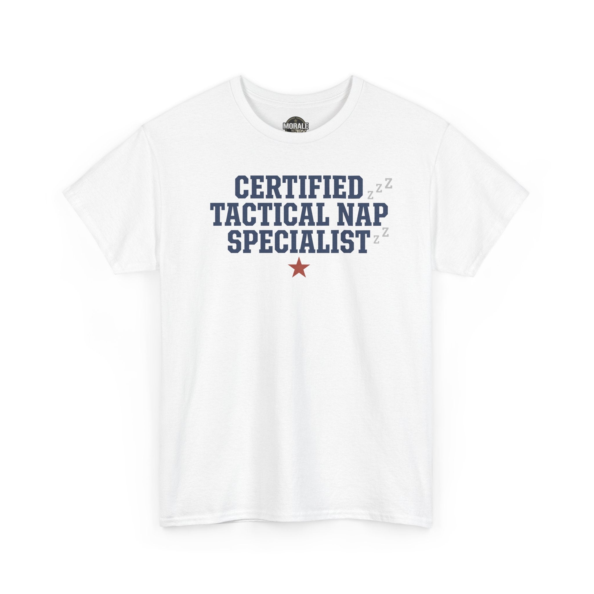 White crewneck tee with 'Certified Tactical Nap Specialist' graphic