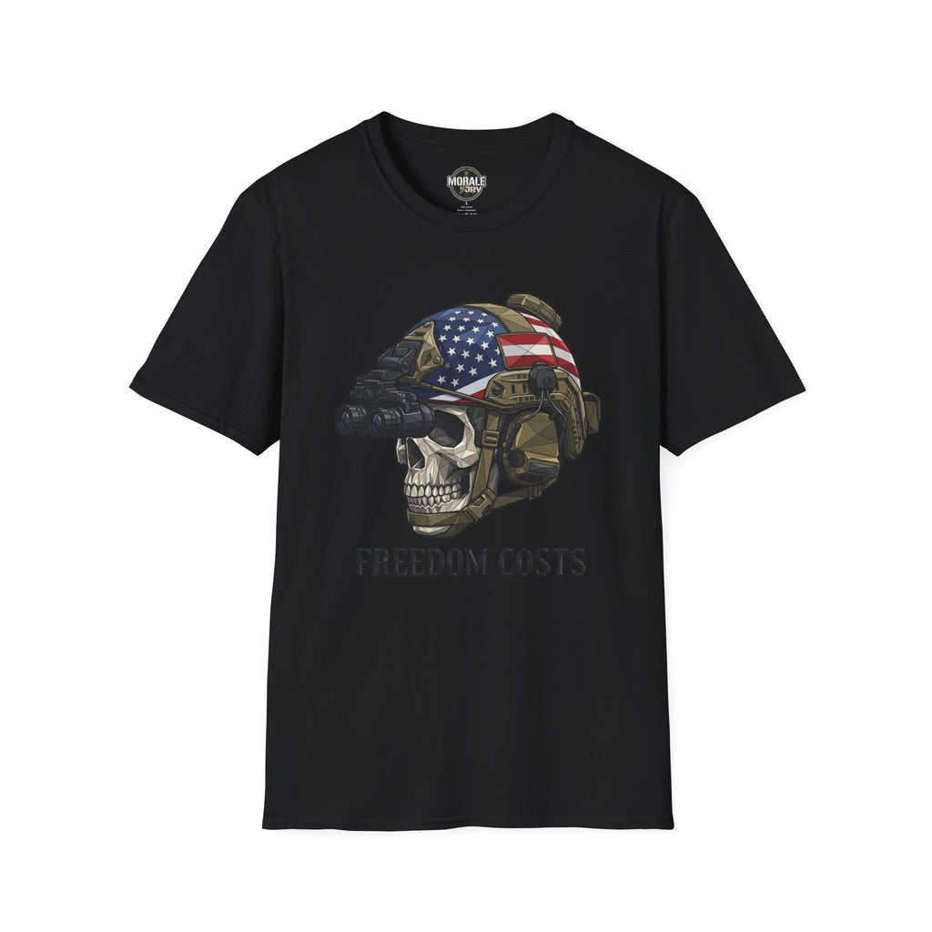 Black tee: skull soldier helmet with U.S. flag graphic and "FREEDOM COSTS" text