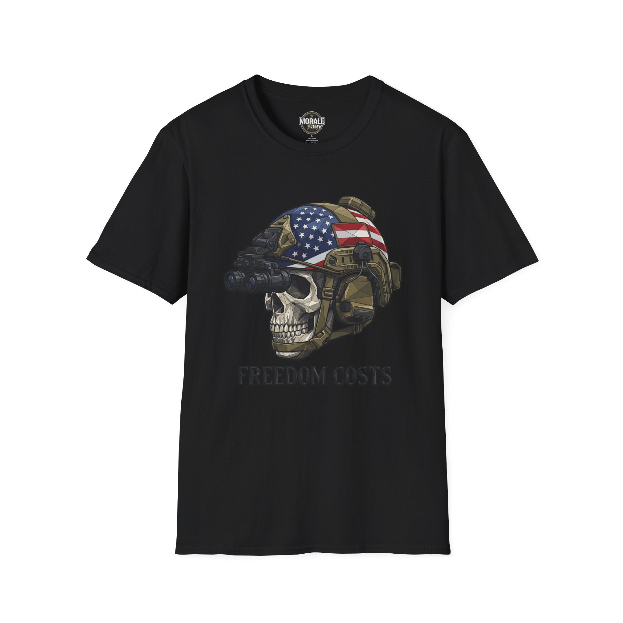 Black tee: skull soldier helmet with U.S. flag graphic and "FREEDOM COSTS" text