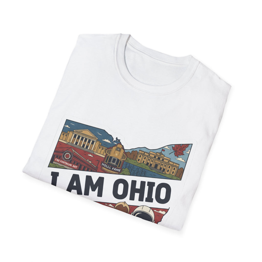 Ohio graphic T-shirt (white) with “I AM OHIO” skyline and map-style print