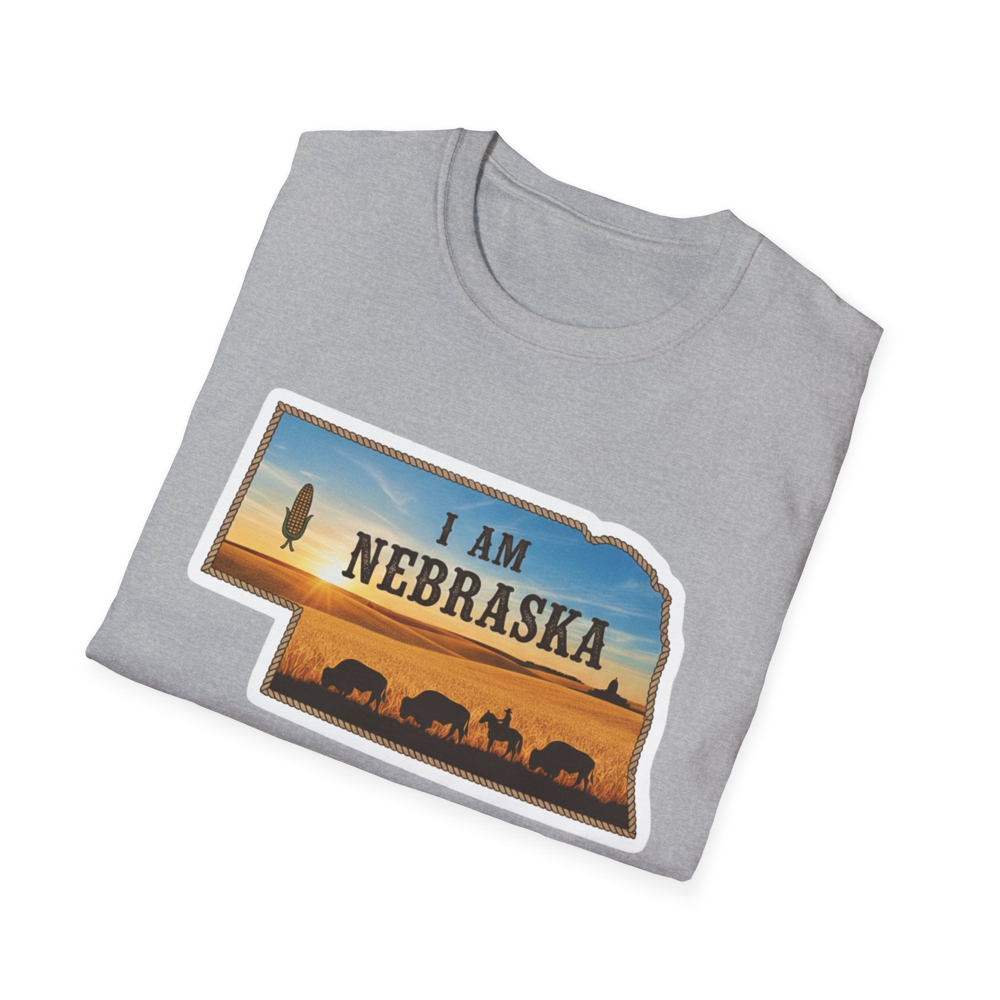 I Am Nebraska T-shirt, sport grey with Nebraska sunset graphic