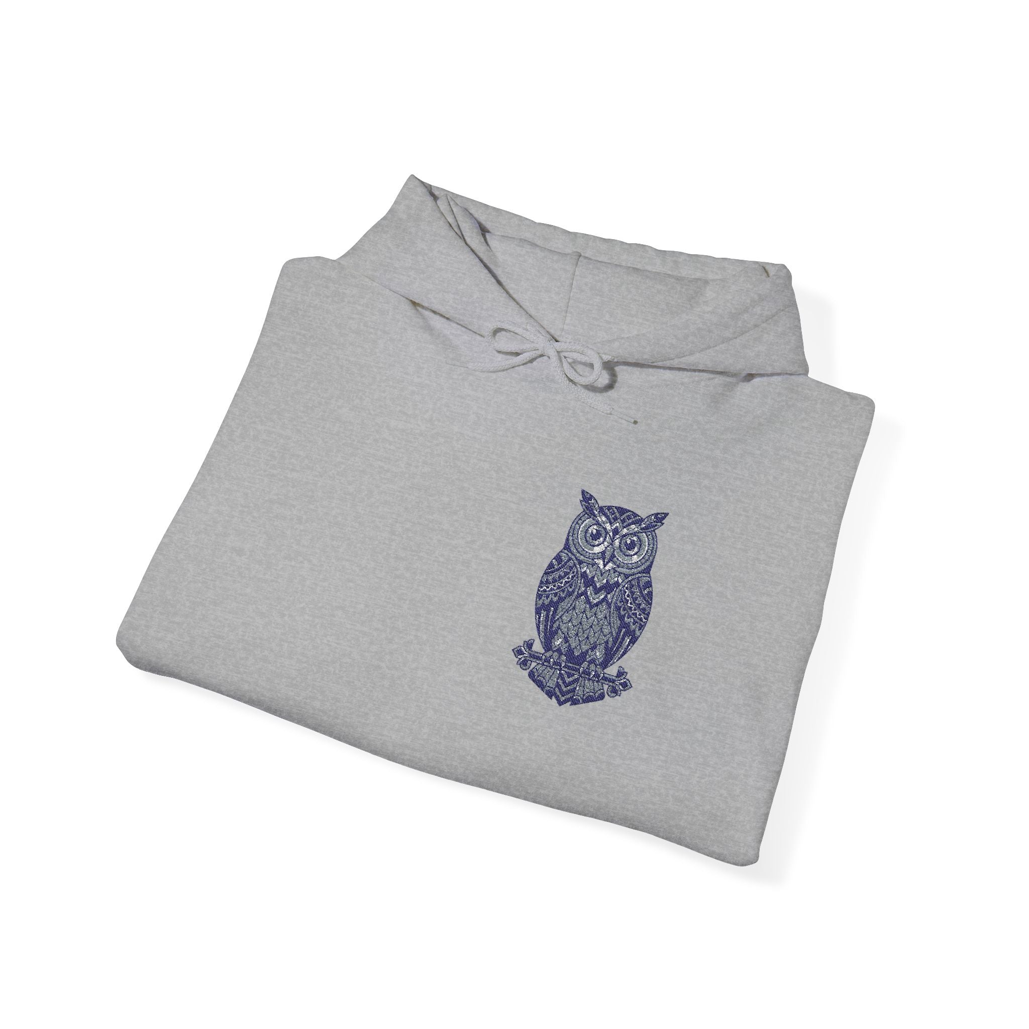 Light gray hoodie, folded front with blue owl chest print and drawstring hood