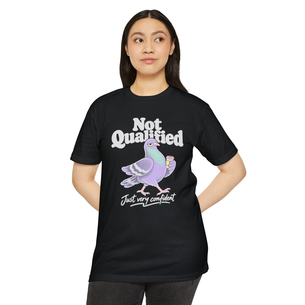 Black crewneck T-shirt with colorful pigeon graphic and “Not Qualified” front