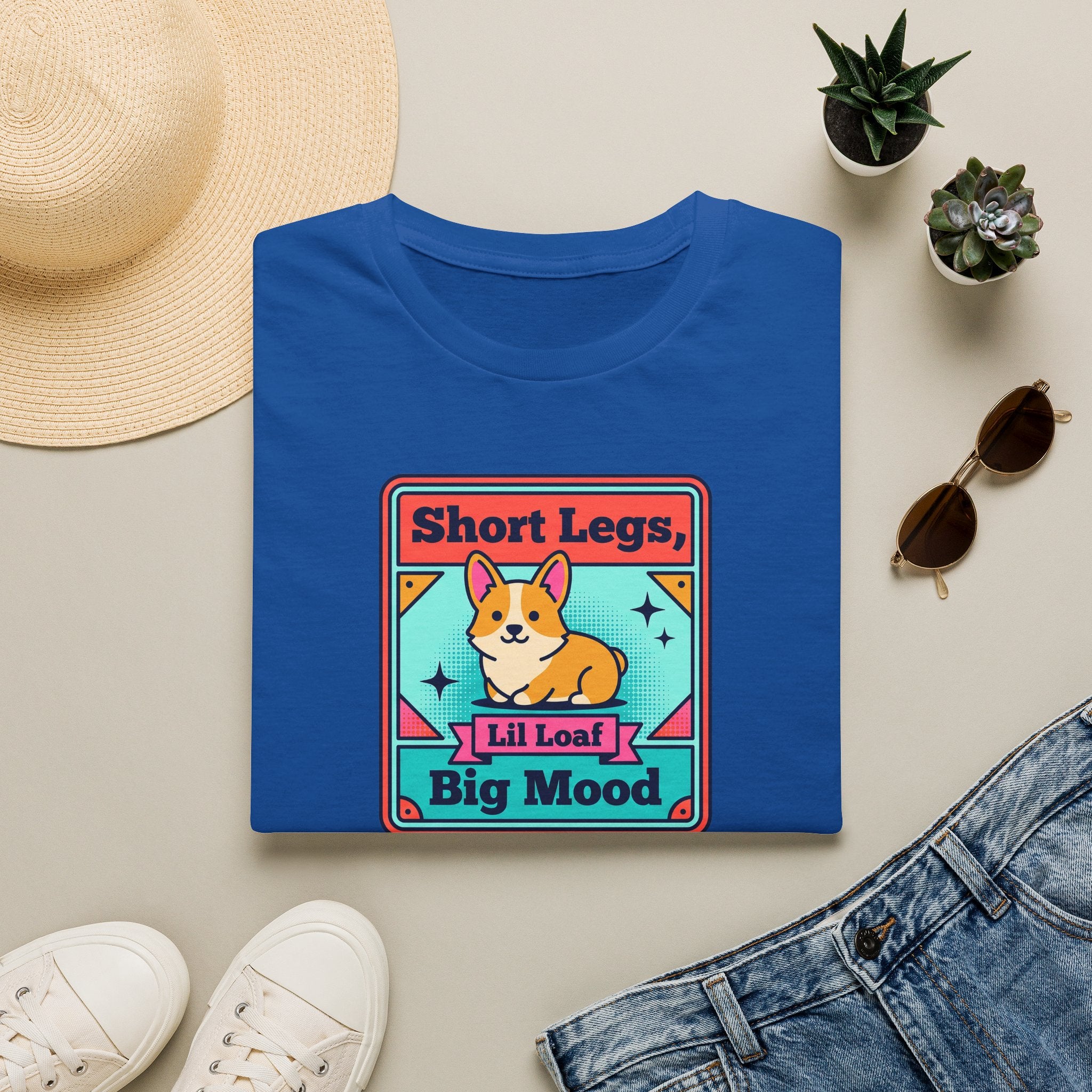 Royal blue short-sleeve T-shirt with colorful corgi graphic and “Big Mood” slogan