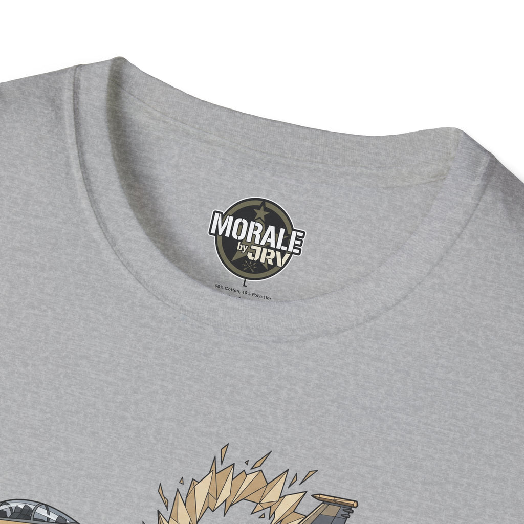 Heather grey t-shirt close-up of neck label and top edge of fighter jet “ring of fire” graphic