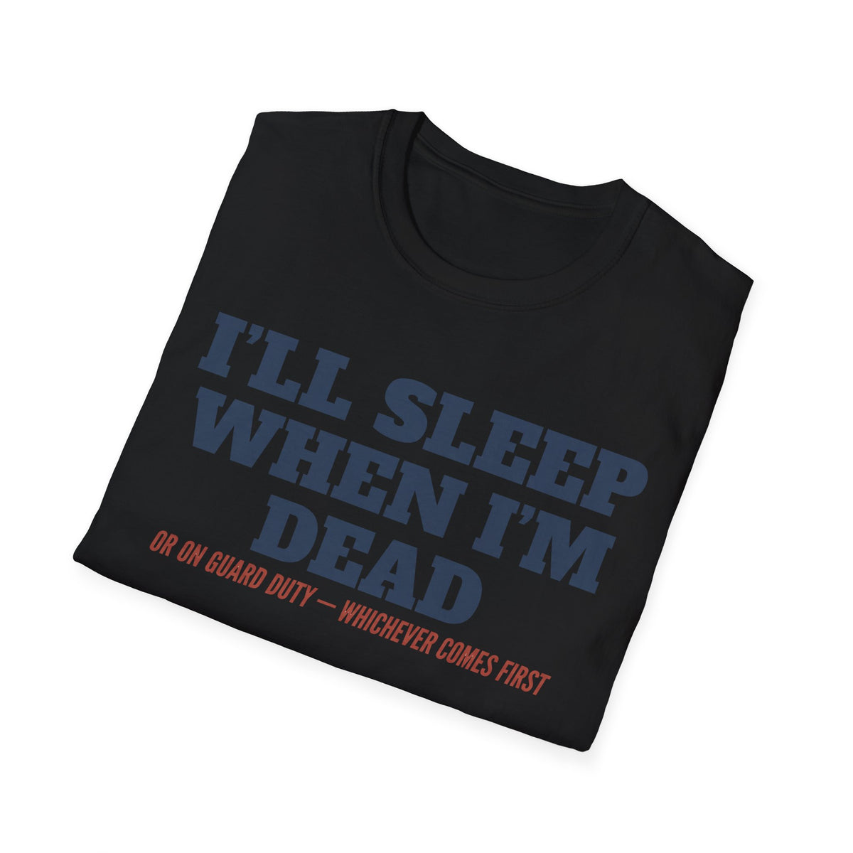 Black crewneck T-shirt with bold blue and red slogan graphic text on the chest