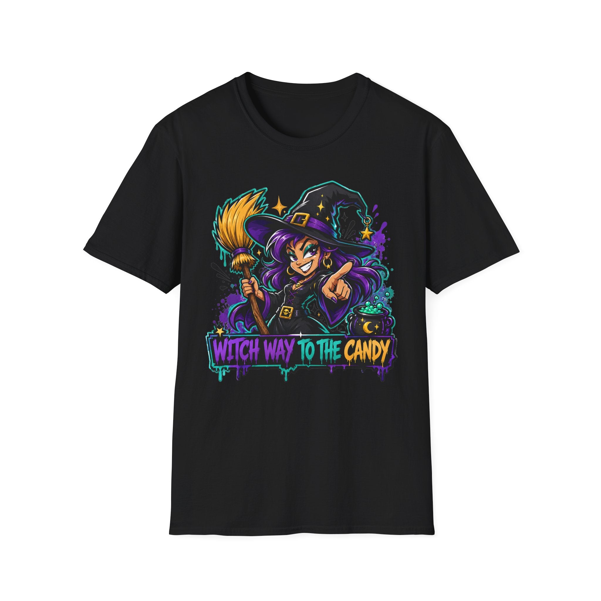 Black T-shirt with colorful witch holding candy and “Witch Way to the Candy” text