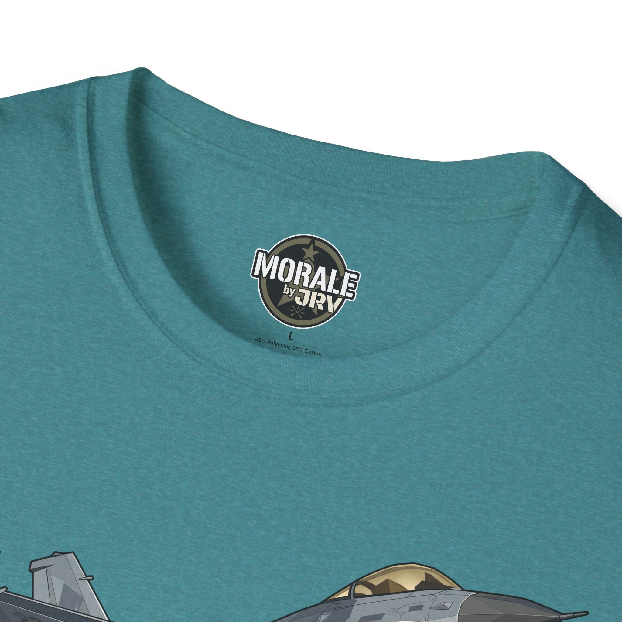 Teal T-shirt with “MORALE by JRVI” logo print at the neckline