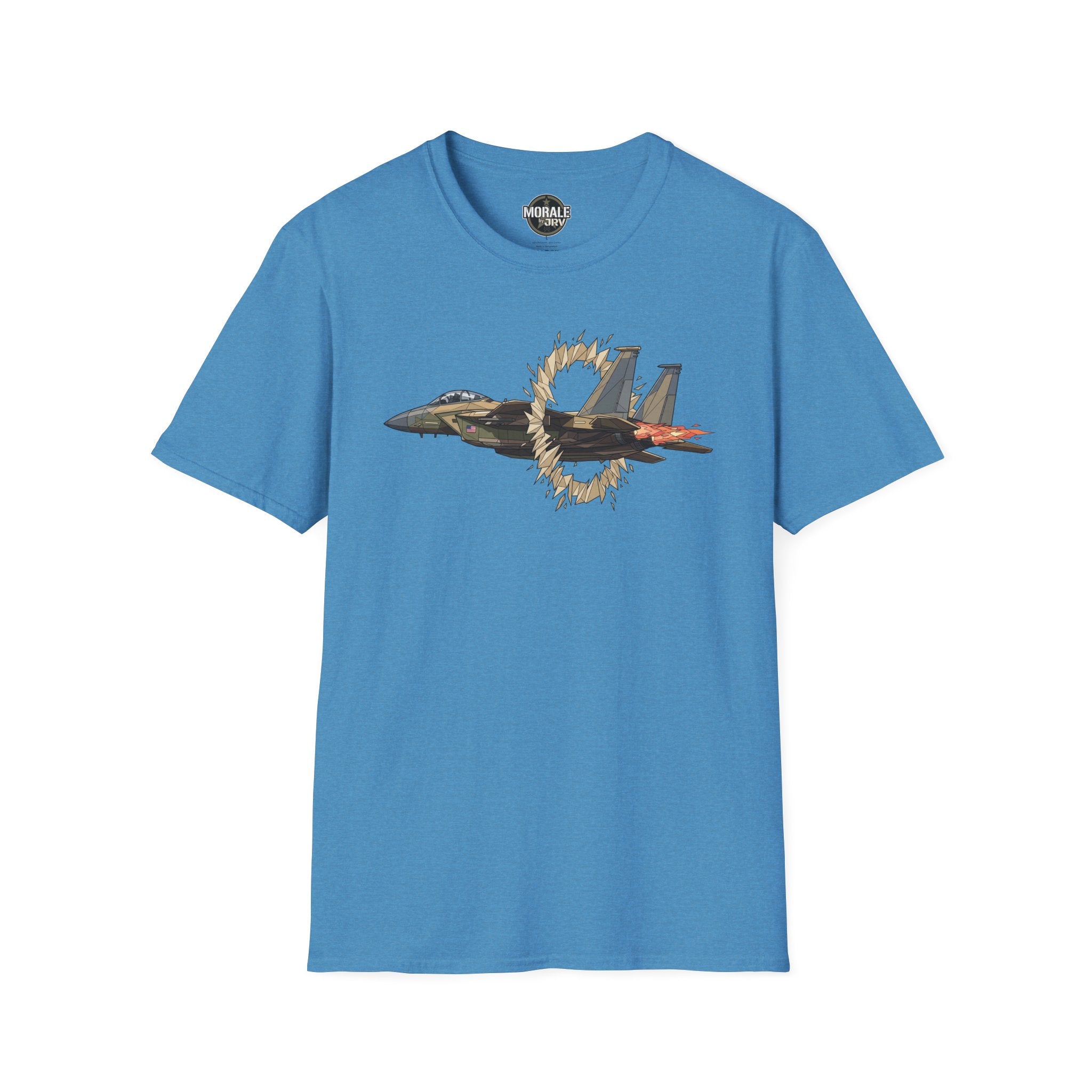 Heather blue t-shirt with fighter jet graphic and ring of fire burst print