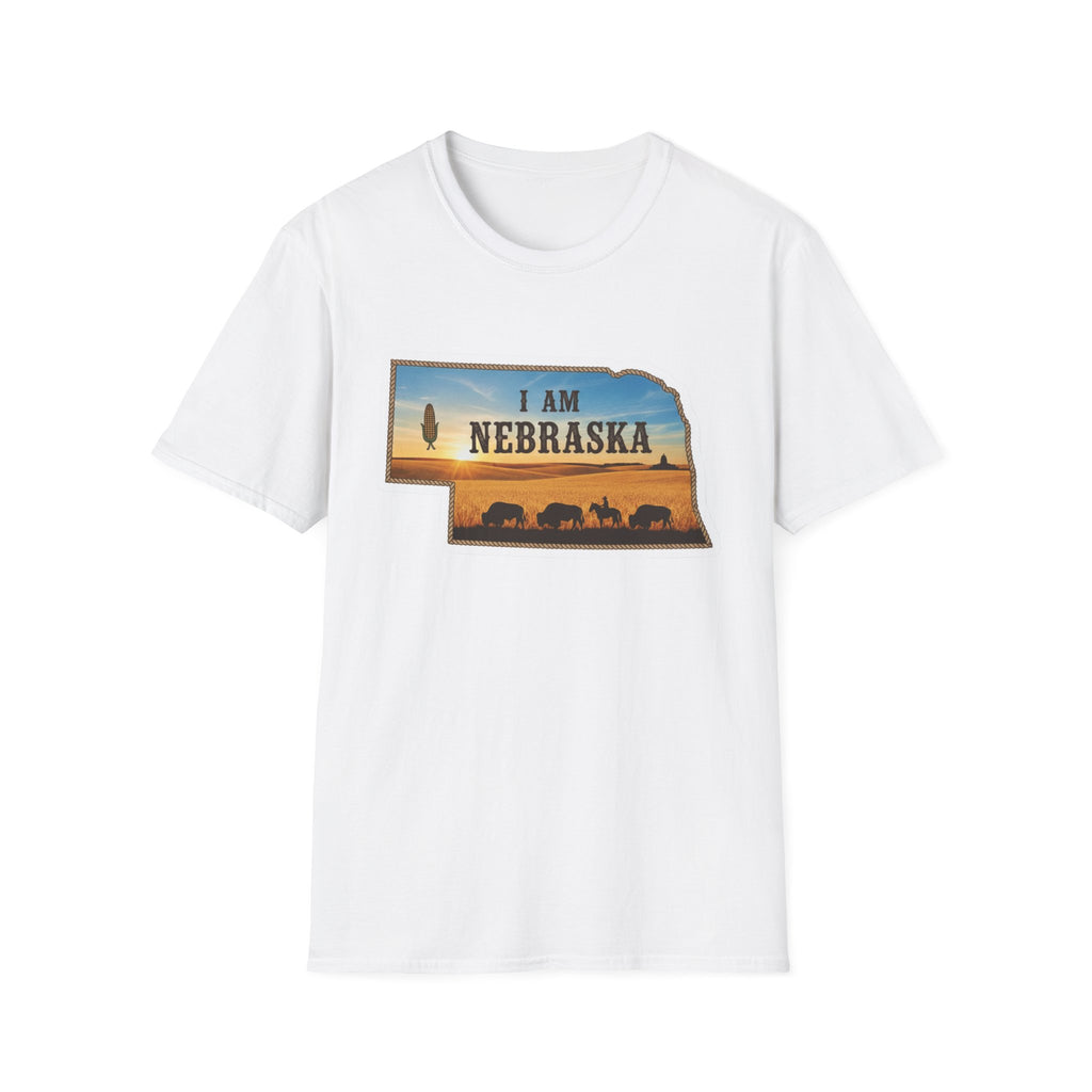 T-Shirt i am Nebraska, weiß; sunset-Silhouette mit Text und Kühen vorn