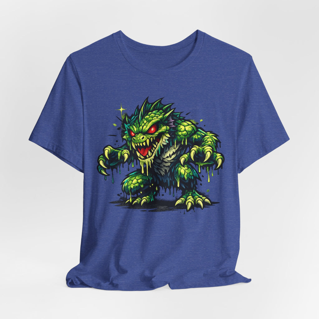Blue short-sleeve crewneck T-shirt with centered green monster illustration