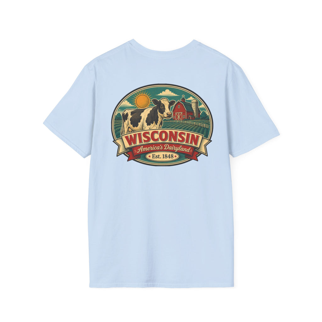 Light blue Wisconsin graphic t-shirt with crest logo and cow illustration.