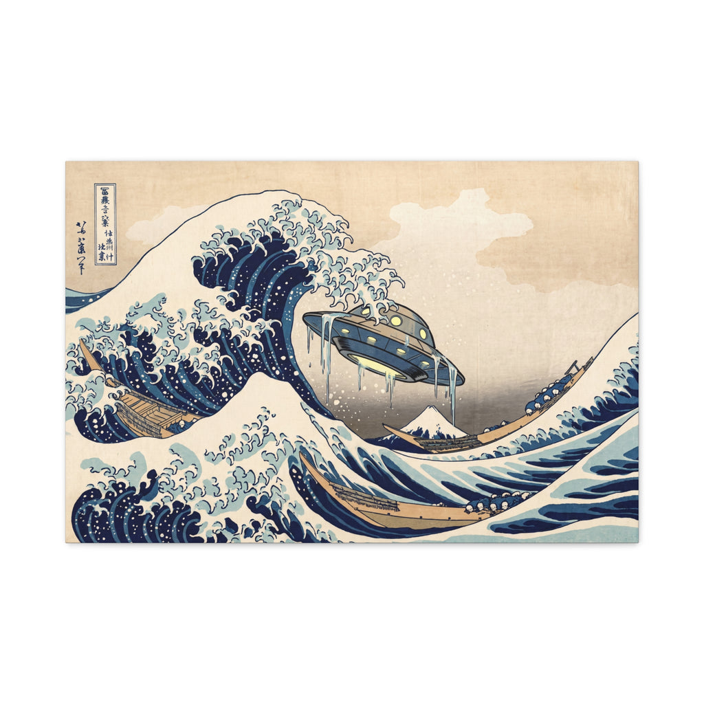 UFO wave print canvas showing blue ocean waves curling around a hovering craft