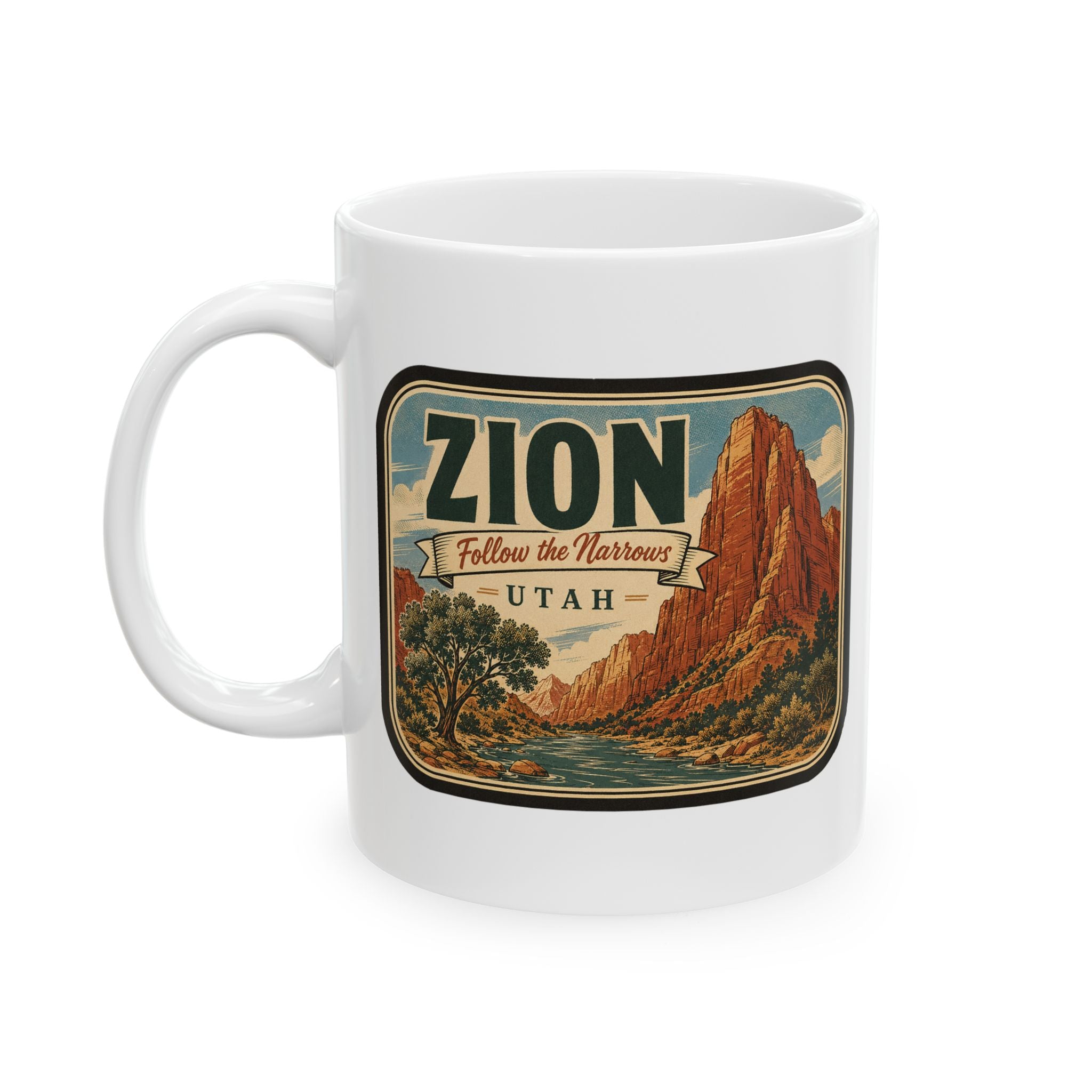 White ceramic mug with “ZION” canyon scene graphic and “UTAH” text, with handle