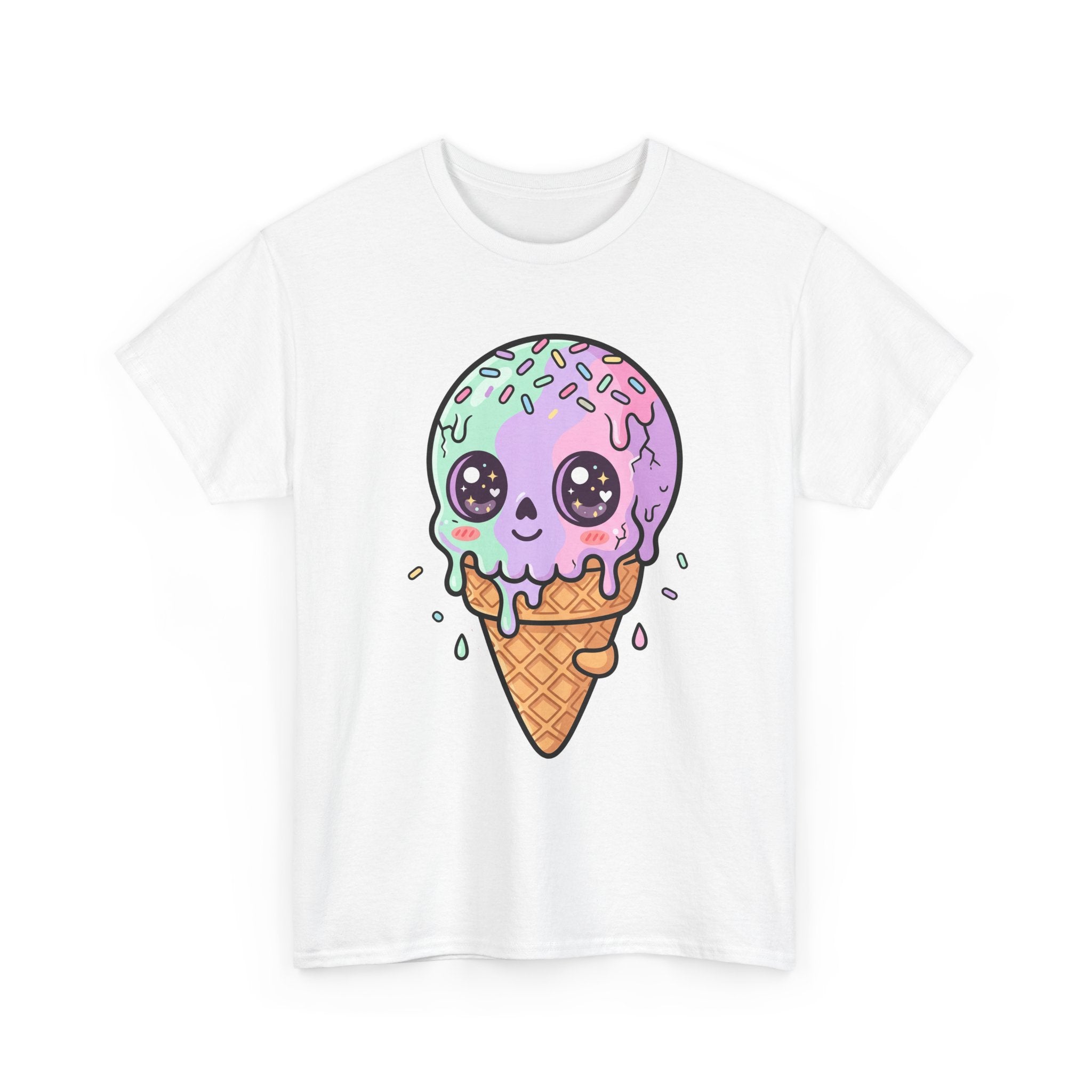 White T-shirt with kawaii melting ice cream cone face graphic.